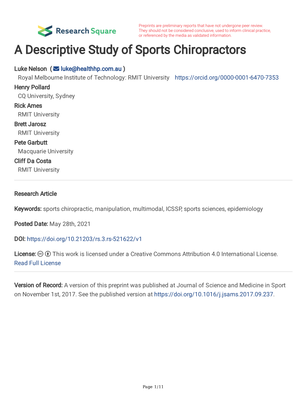 A Descriptive Study of Sports Chiropractors