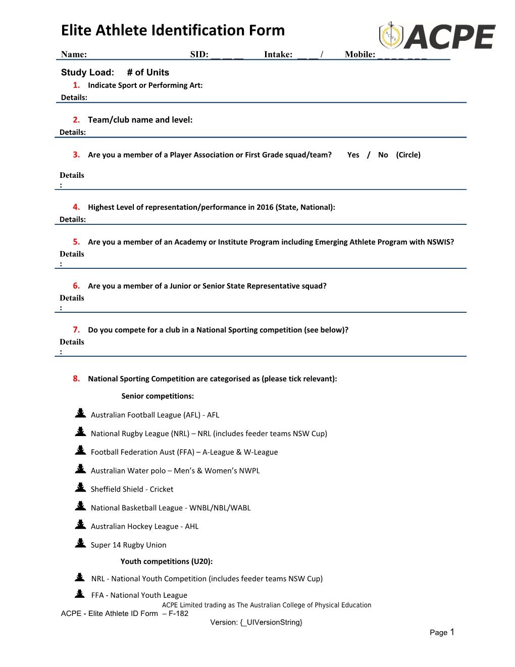 ACPE - Elite Athlete ID Form