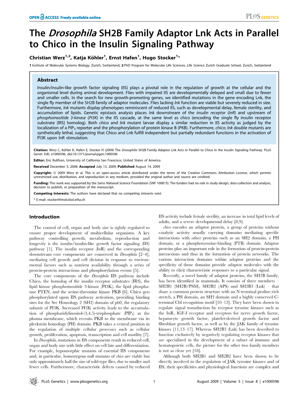 The Drosophila SH2B Family Adaptor Lnk Acts in Parallel to Chico in the Insulin Signaling Pathway