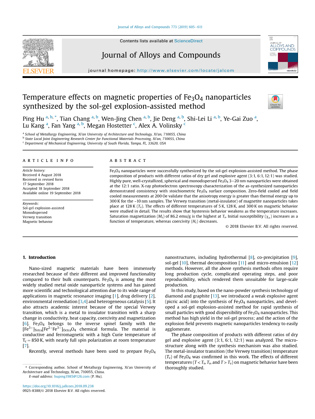 Temperature Effects on Magnetic Properties of Fe3o4 Nanoparticles Synthesized by the Sol-Gel Explosion-Assisted Method