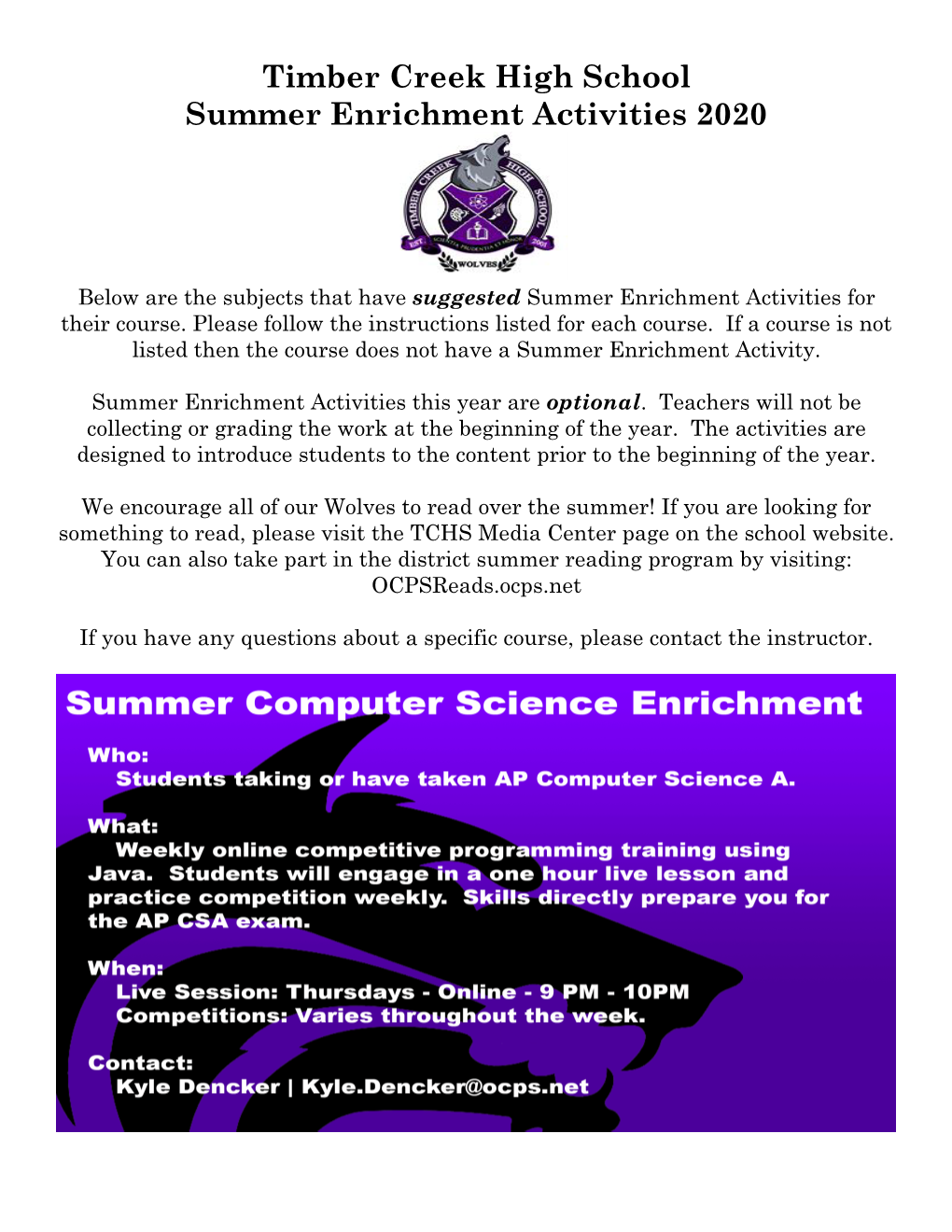 Timber Creek High School Summer Enrichment Activities 2020