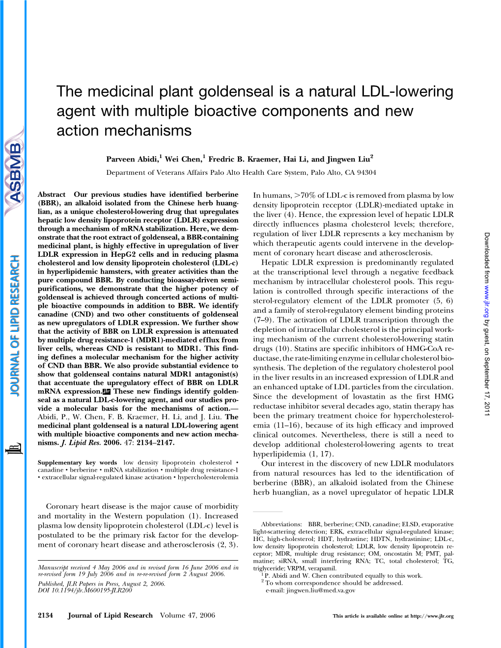 The Medicinal Plant Goldenseal Is a Natural LDL-Lowering Agent with Multiple Bioactive Components and New Action Mechanisms