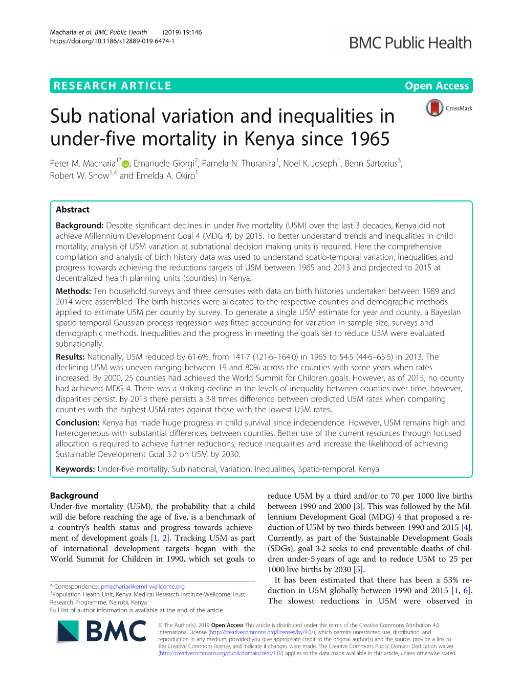 Sub National Variation and Inequalities in Under-Five Mortality in Kenya Since 1965 Peter M