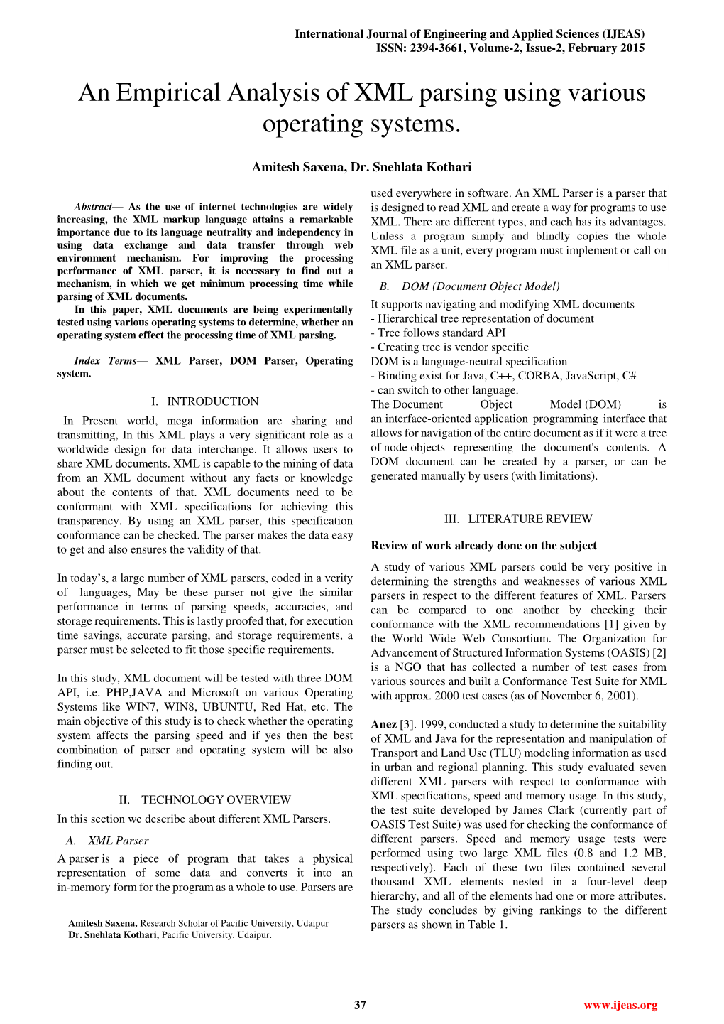 An Empirical Analysis of XML Parsing Using Various Operating Systems