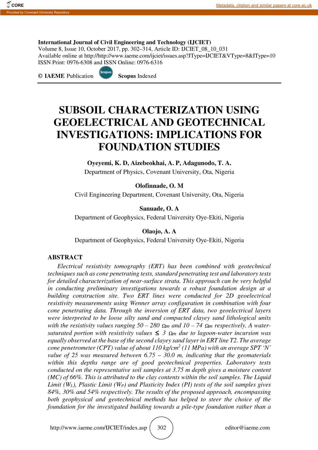 Subsoil Characterization Using Geoelectrical and Geotechnical Investigations: Implications for Foundation Studies