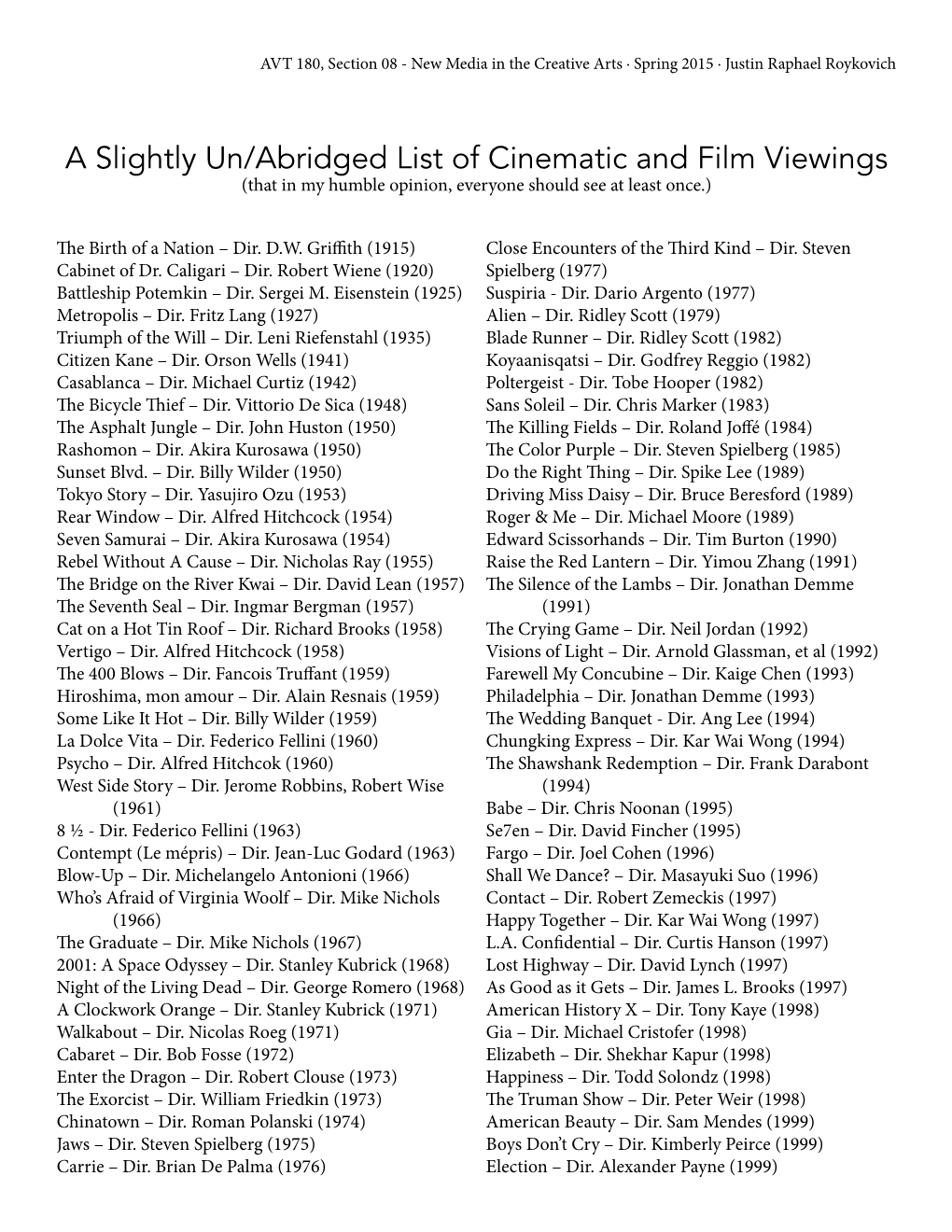 A Slightly Un/Abridged List of Cinematic and Film Viewings (That in My Humble Opinion, Everyone Should See at Least Once.)