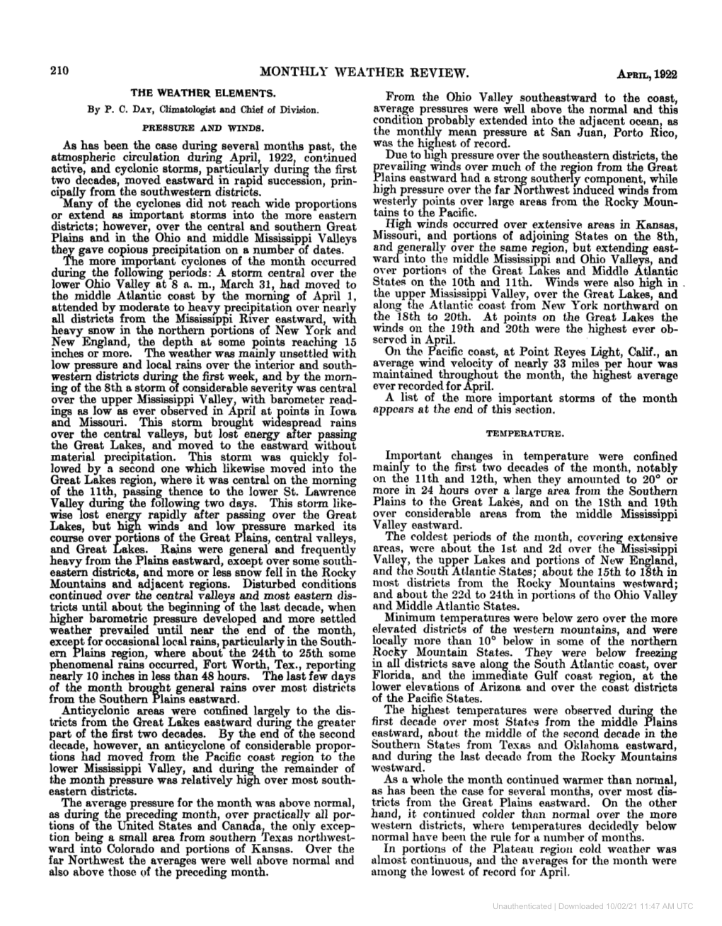 Monthly Weather Review. April, 1922