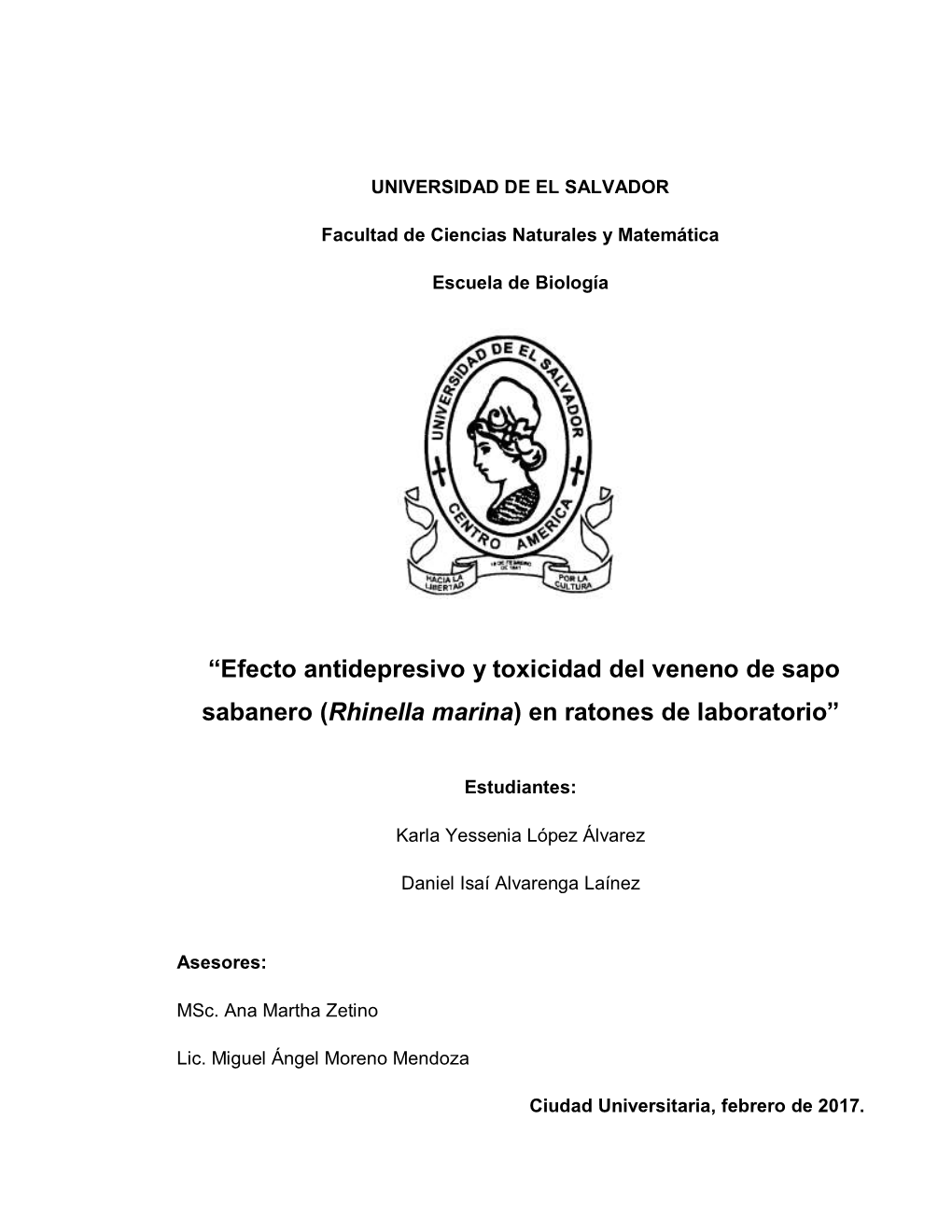 “Efecto Antidepresivo Y Toxicidad Del Veneno De Sapo Sabanero (Rhinella Marina) En Ratones De Laboratorio”