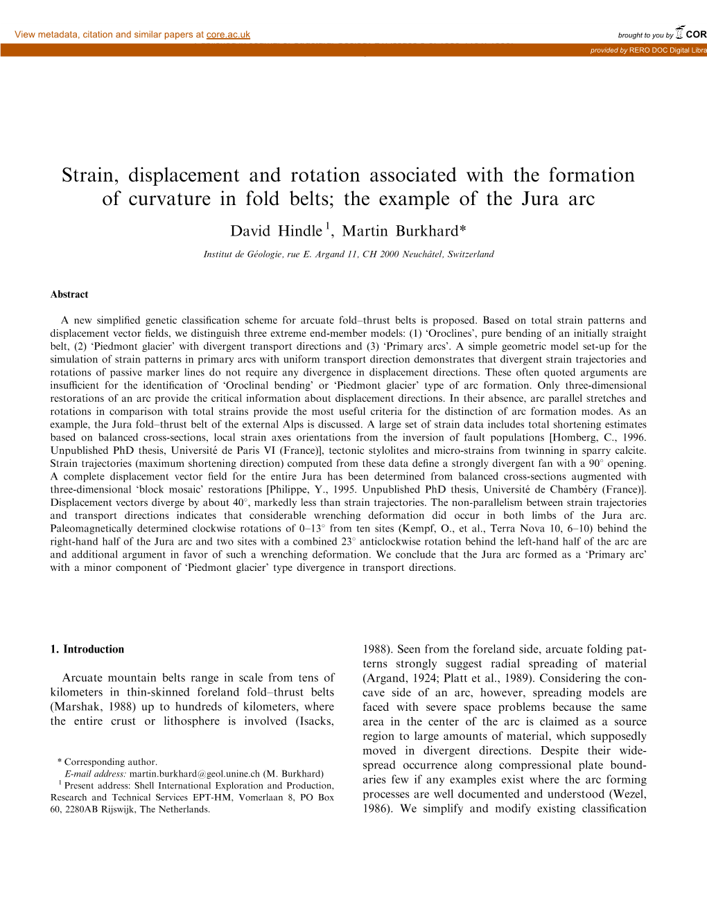 Strain, Displacement and Rotation Associated with the Formation of Curvature in Fold Belts; the Example of the Jura Arc