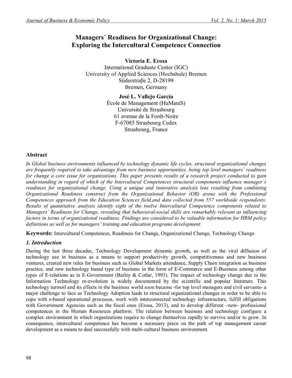 Managers´ Readiness for Organizational Change: Exploring the Intercultural Competence Connection
