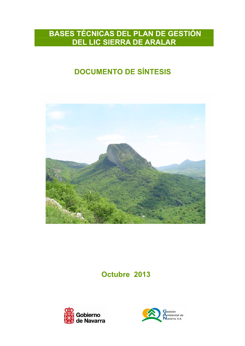 BASES TÉCNICAS DEL PLAN DE GESTIÓN DEL LIC SIERRA DE ARALAR DOCUMENTO DE SÍNTESIS Octubre 2013