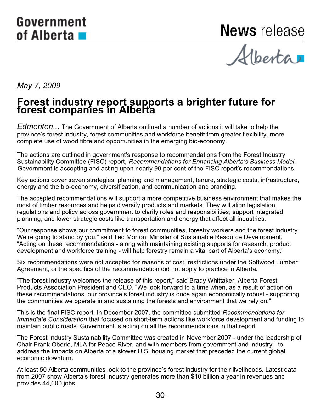 Forest Industry Report Supports a Brighter Future for Forest Companies in Alberta