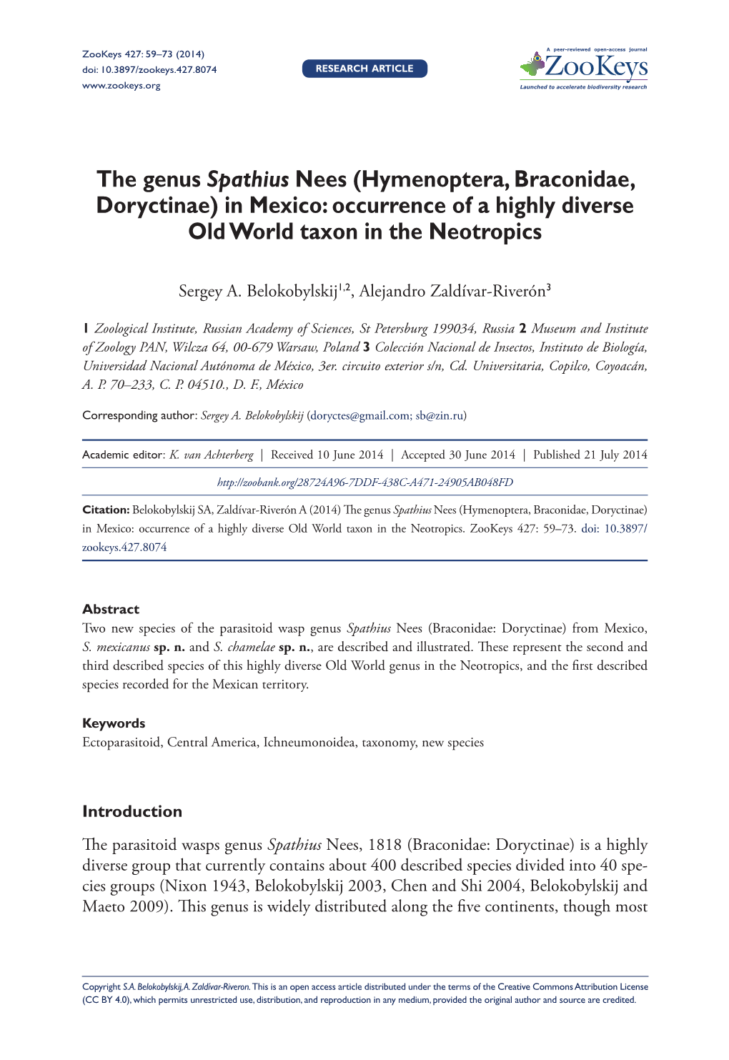 The Genus Spathius Nees (Hymenoptera, Braconidae, Doryctinae) in Mexico: Occurrence of a Highly Diverse Old World Taxon in the Neotropics