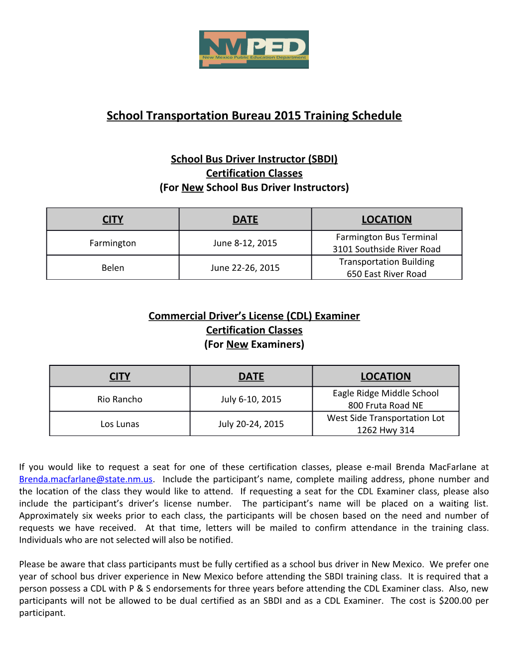 School Transportation Bureau 2015 Training Schedule