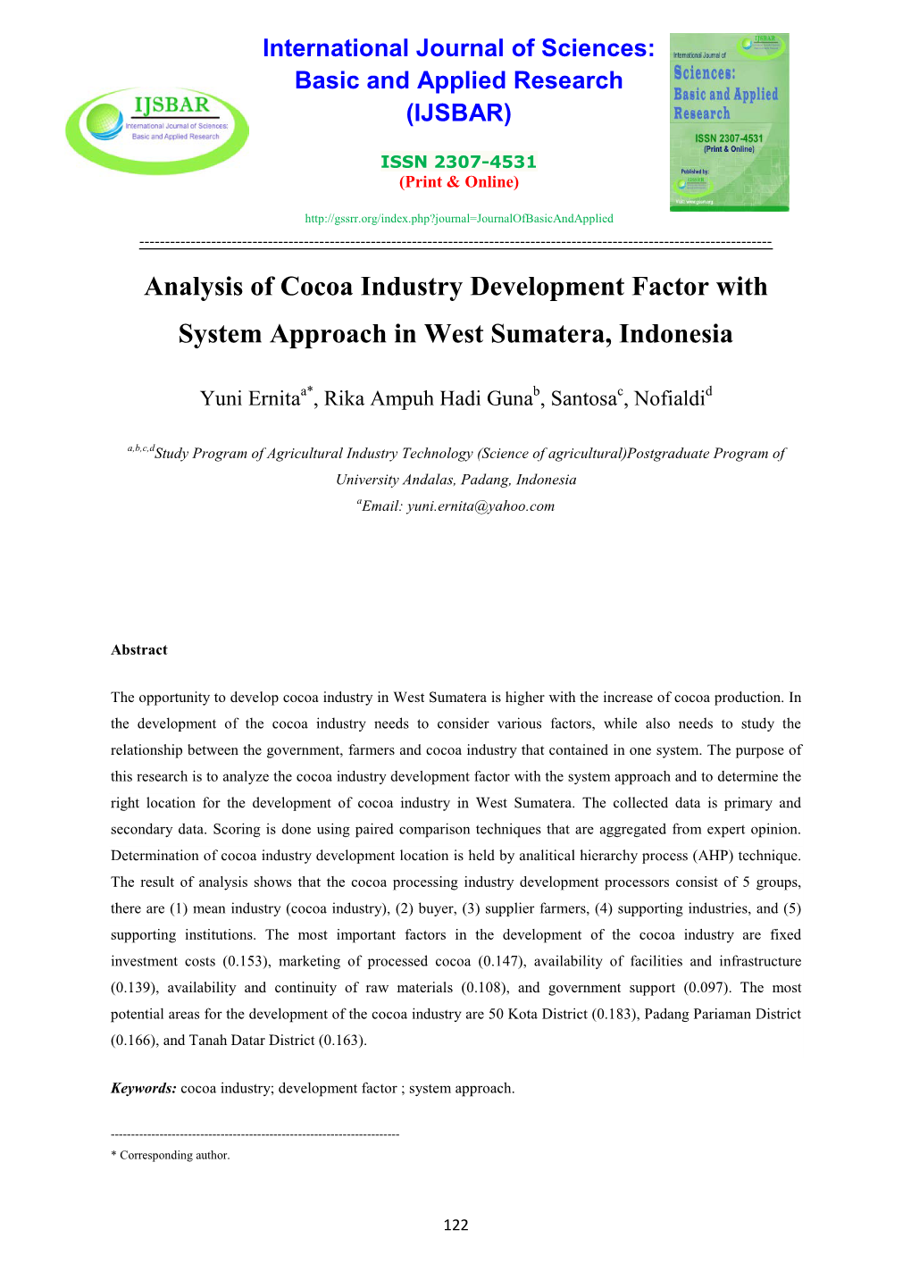 Analysis of Cocoa Industry Development Factor with System Approach in West Sumatera, Indonesia