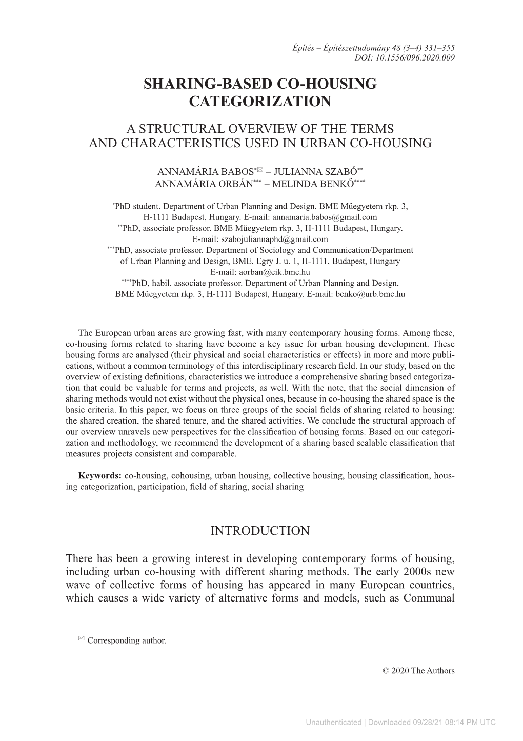 Sharing-Based Co-Housing Categorization a Structural Overview of the Terms and Characteristics Used in Urban Co-Housing