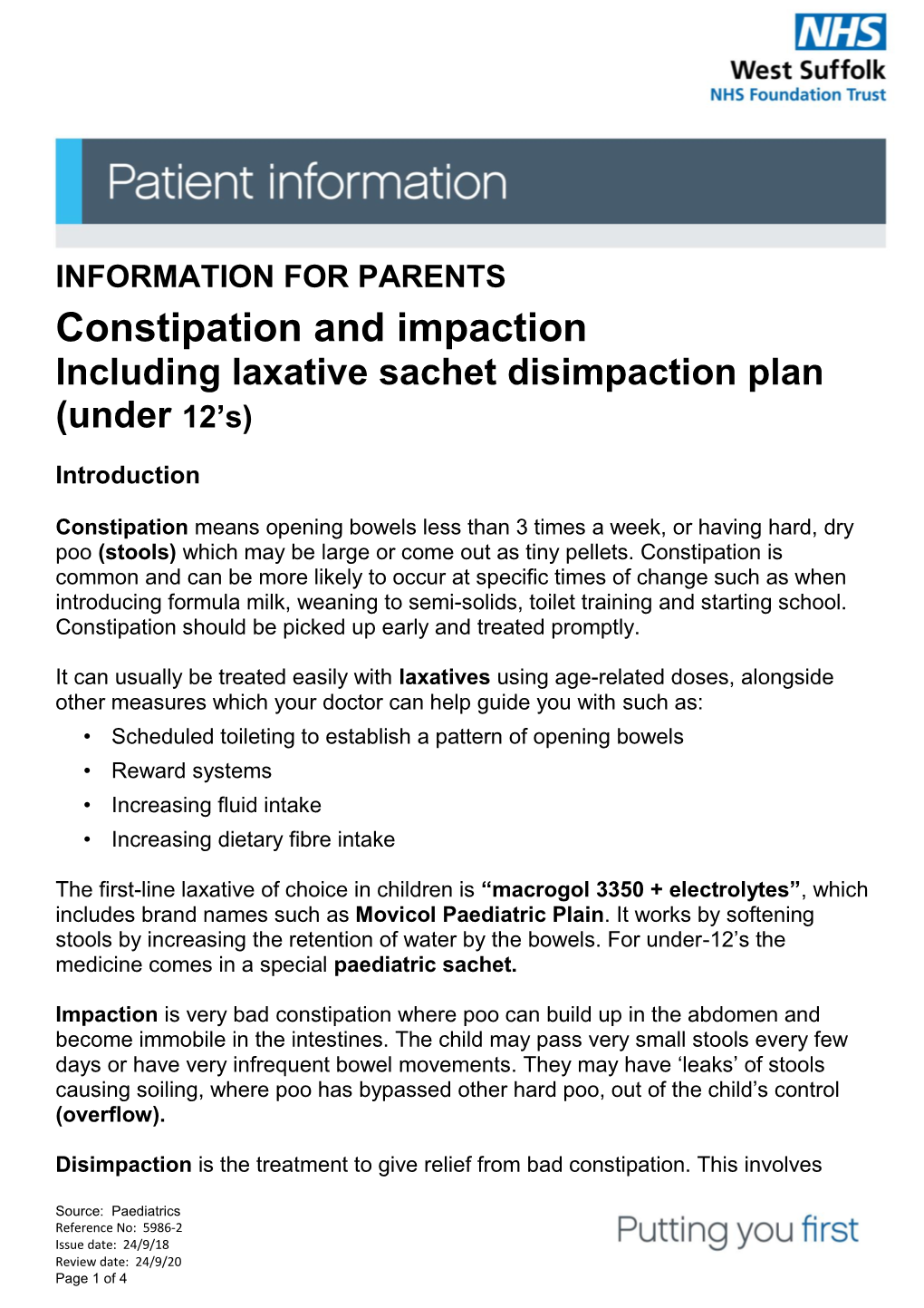 Including Laxative Sachet Disimpaction Plan (Under 12’S)