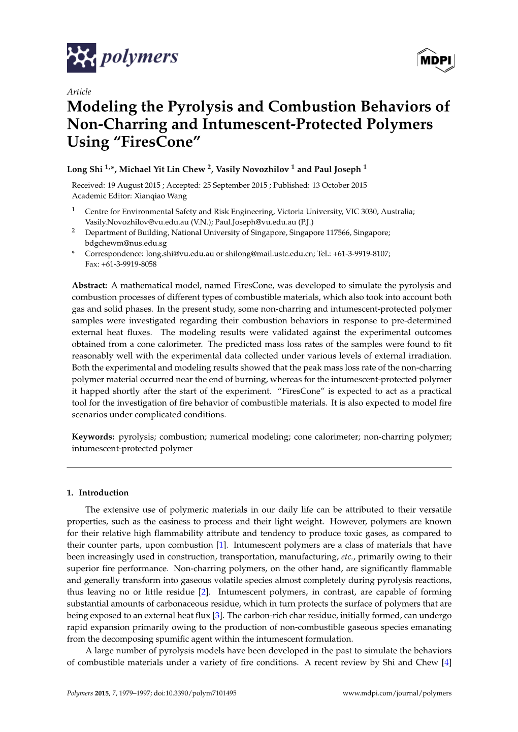 Modeling the Pyrolysis and Combustion Behaviors of Non-Charring and Intumescent-Protected Polymers Using “Firescone”