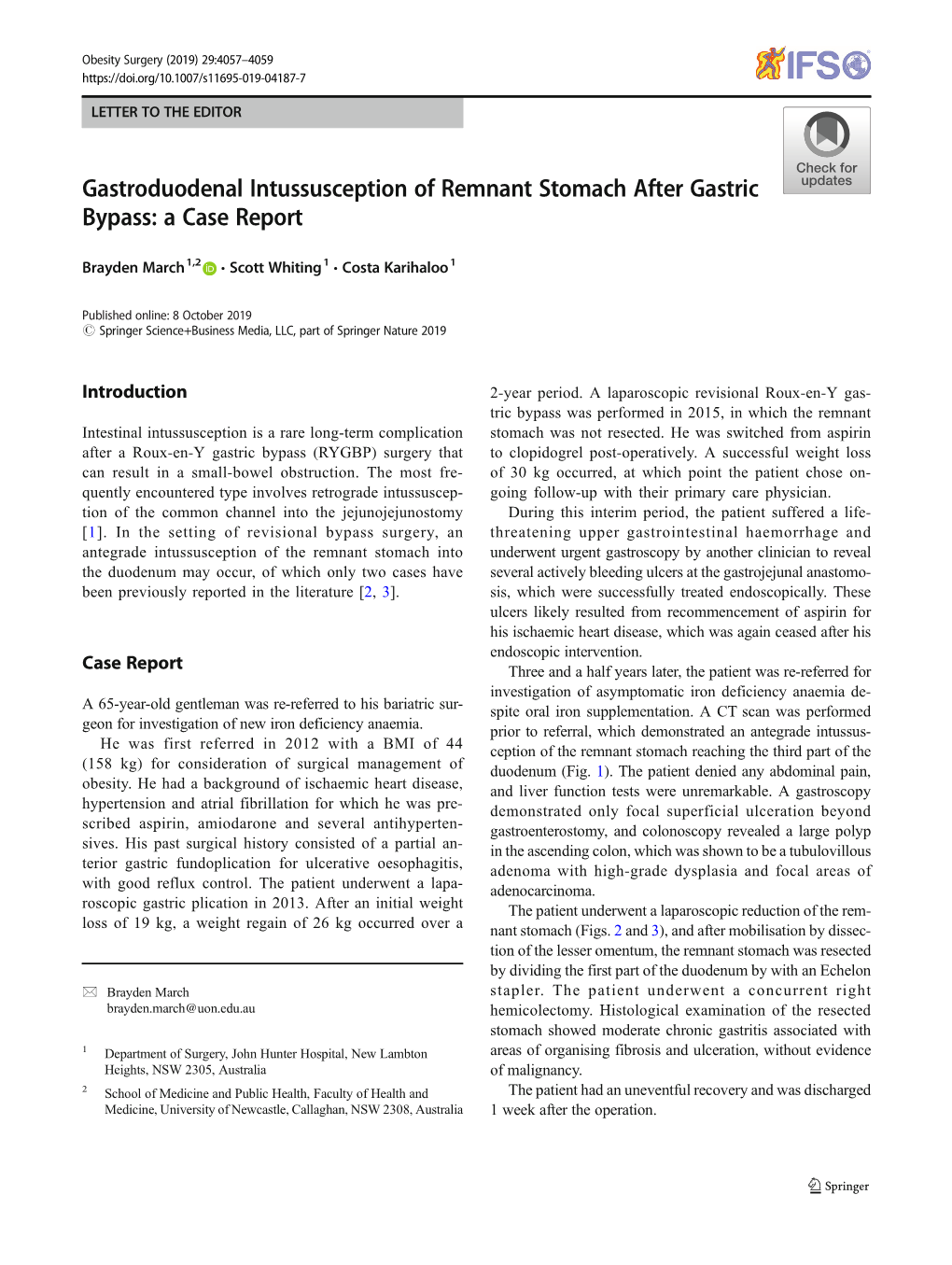 Gastroduodenal Intussusception of Remnant Stomach After Gastric Bypass: a Case Report