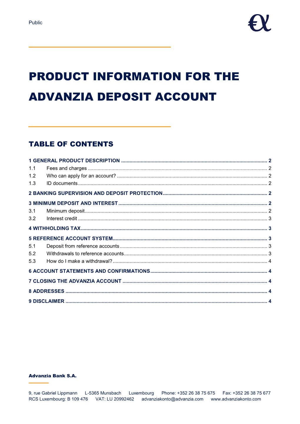 Product Information for the Advanzia Deposit Account
