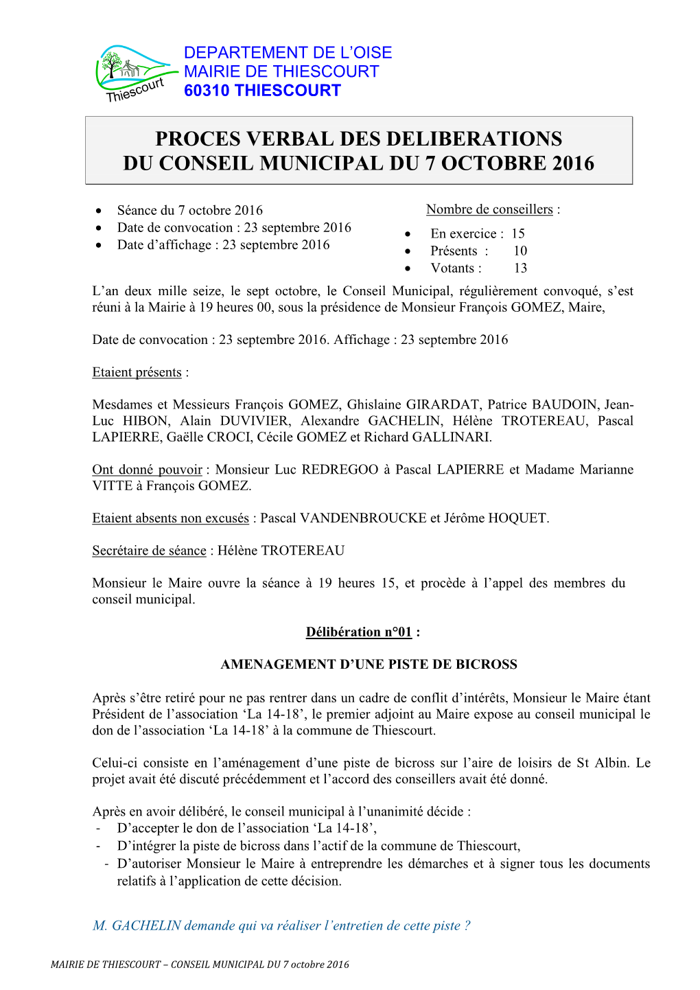 Proces Verbal Des Deliberations Du Conseil Municipal Du 7 Octobre 2016
