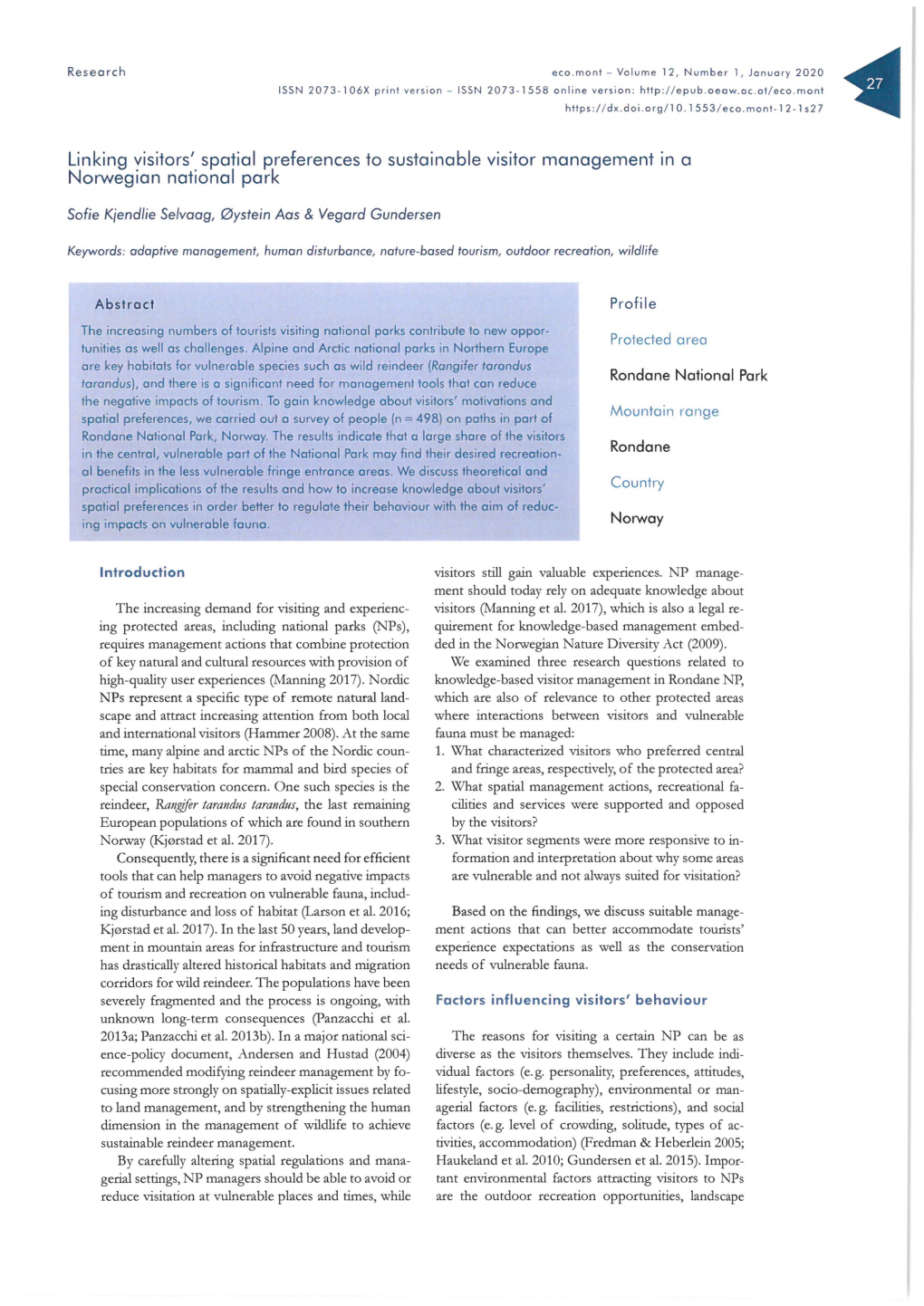 Linking Visitors' Spatial Preferences to Sustainable Visitor Management in a Norwegian National Park