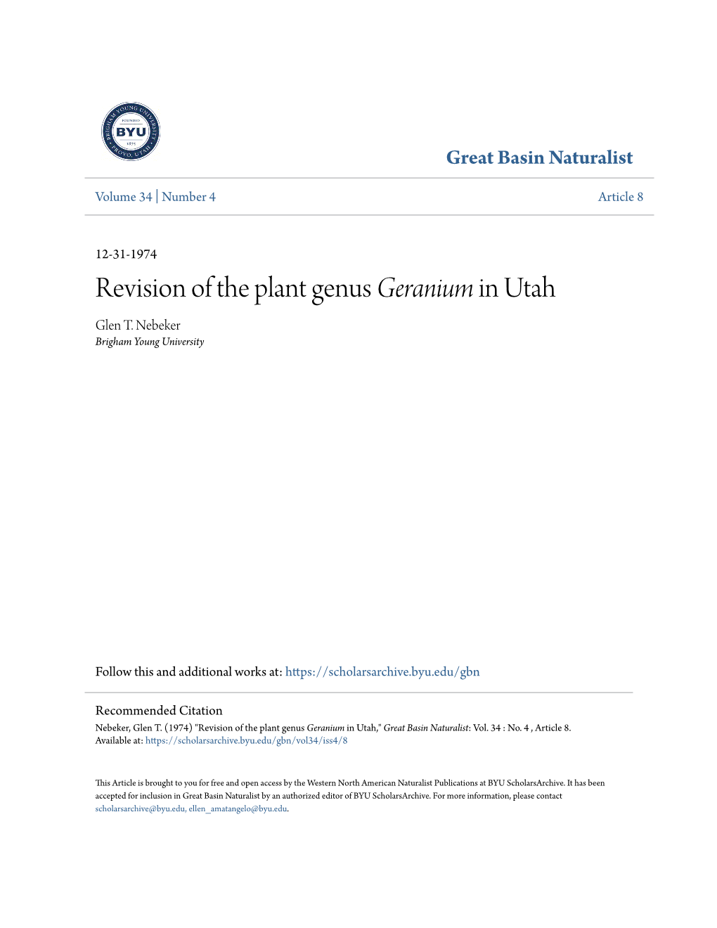 Revision of the Plant Genus Geranium in Utah Glen T