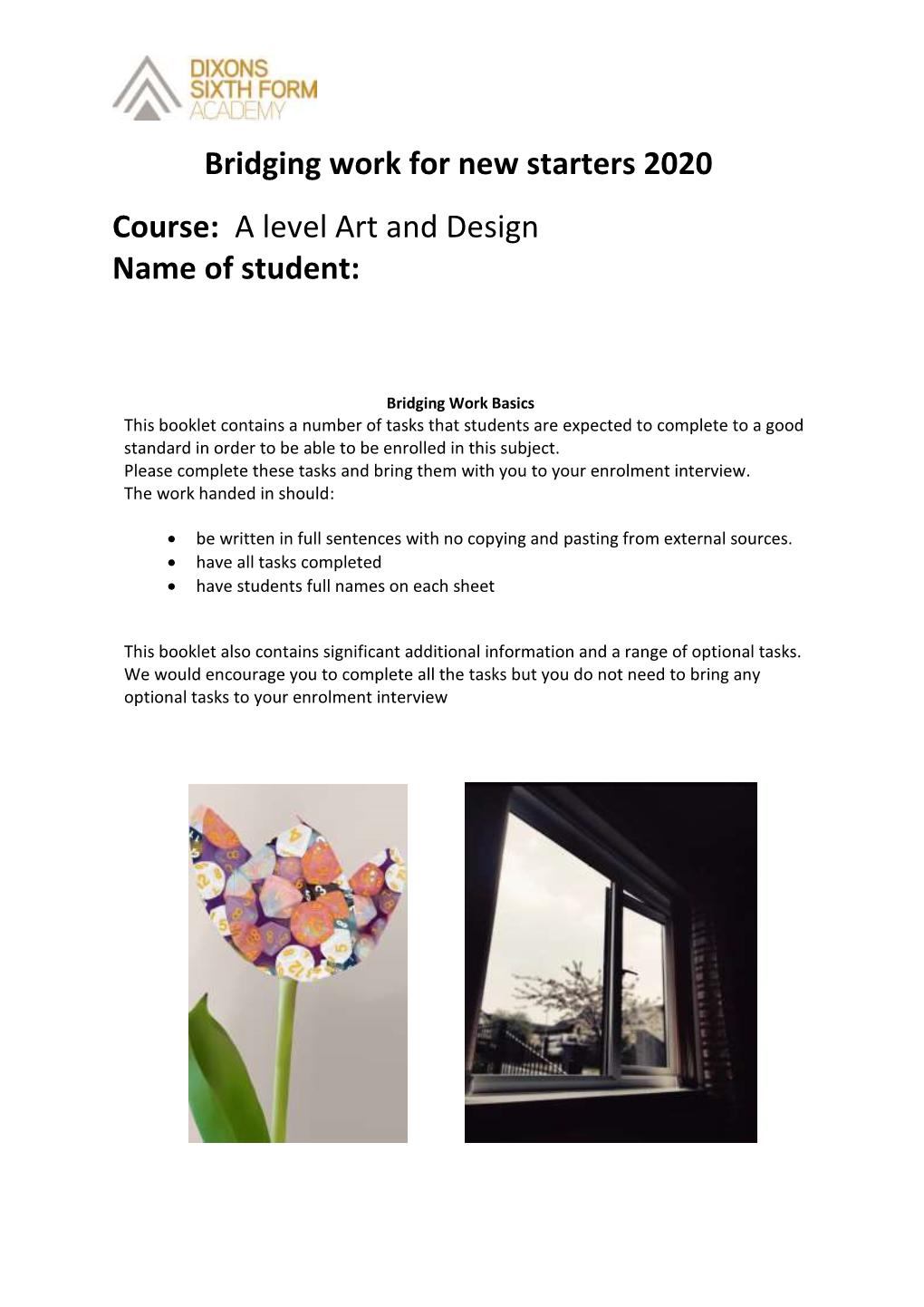 Bridging Work for New Starters 2020 Course: a Level Art and Design
