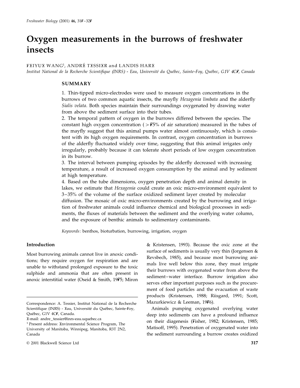 Oxygen Measurements in the Burrows of Freshwater Insects