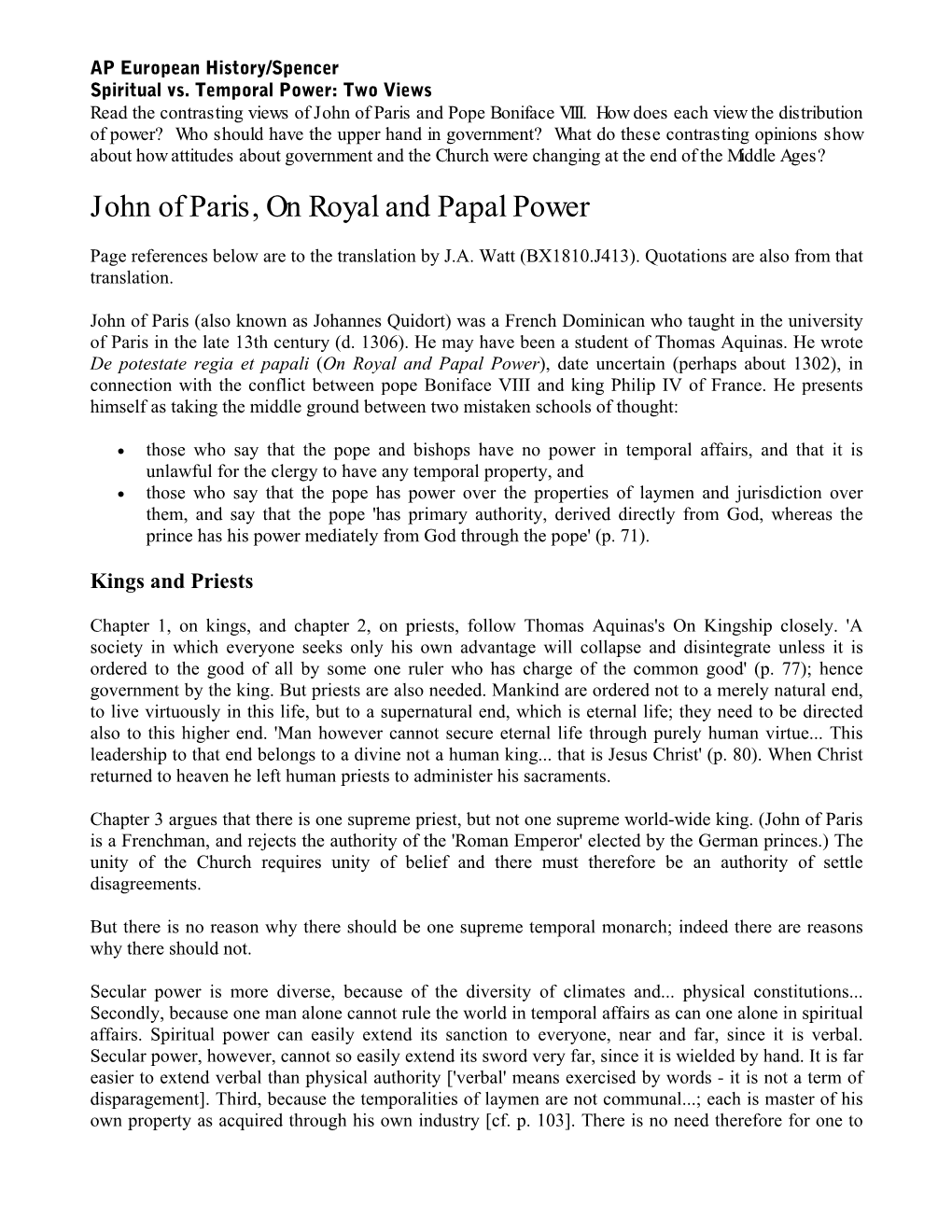 John of Paris, on Royal and Papal Power