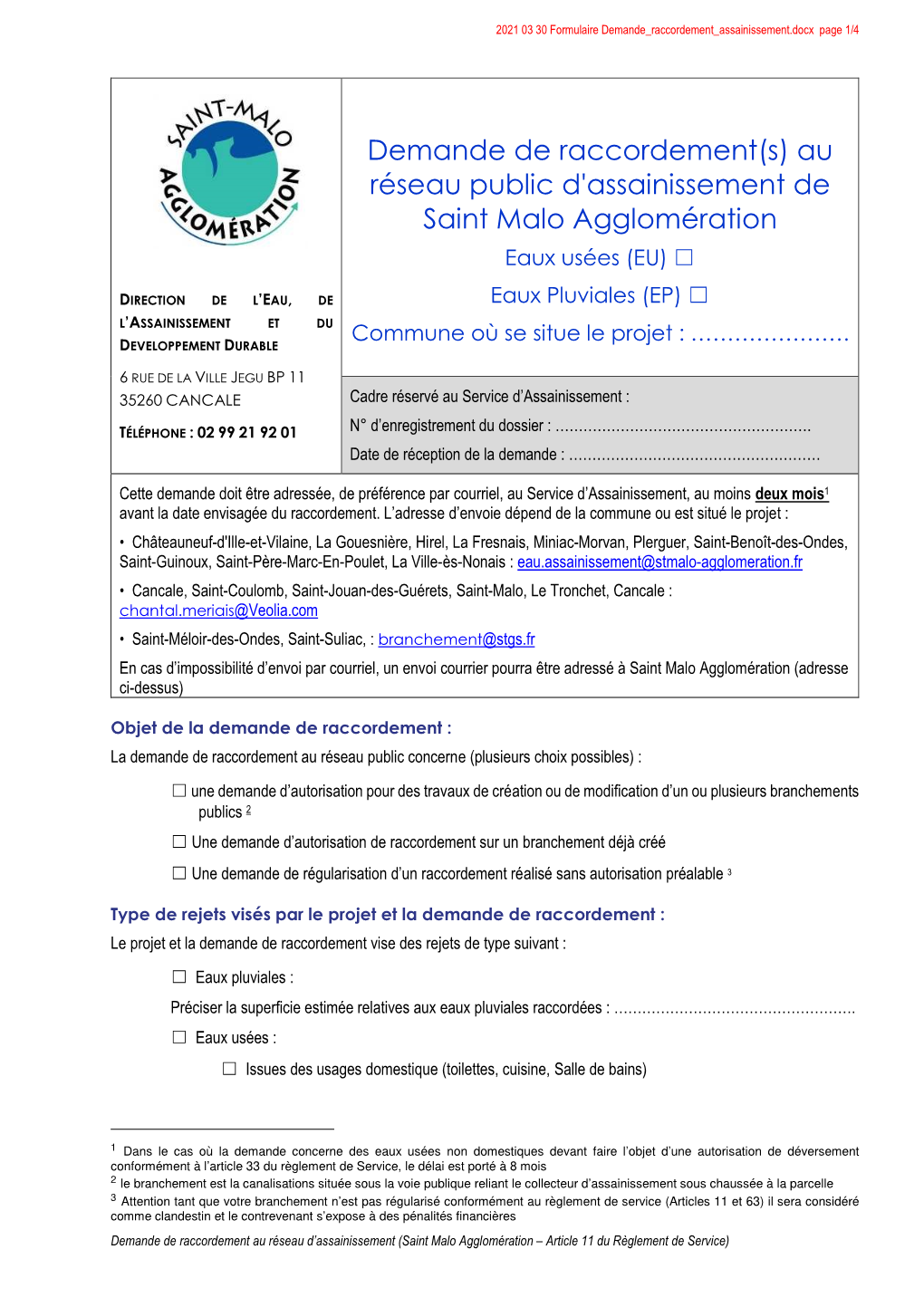 2021 03 30 Formulaire Demande Raccordement Assainissement.Docx Page 1/4