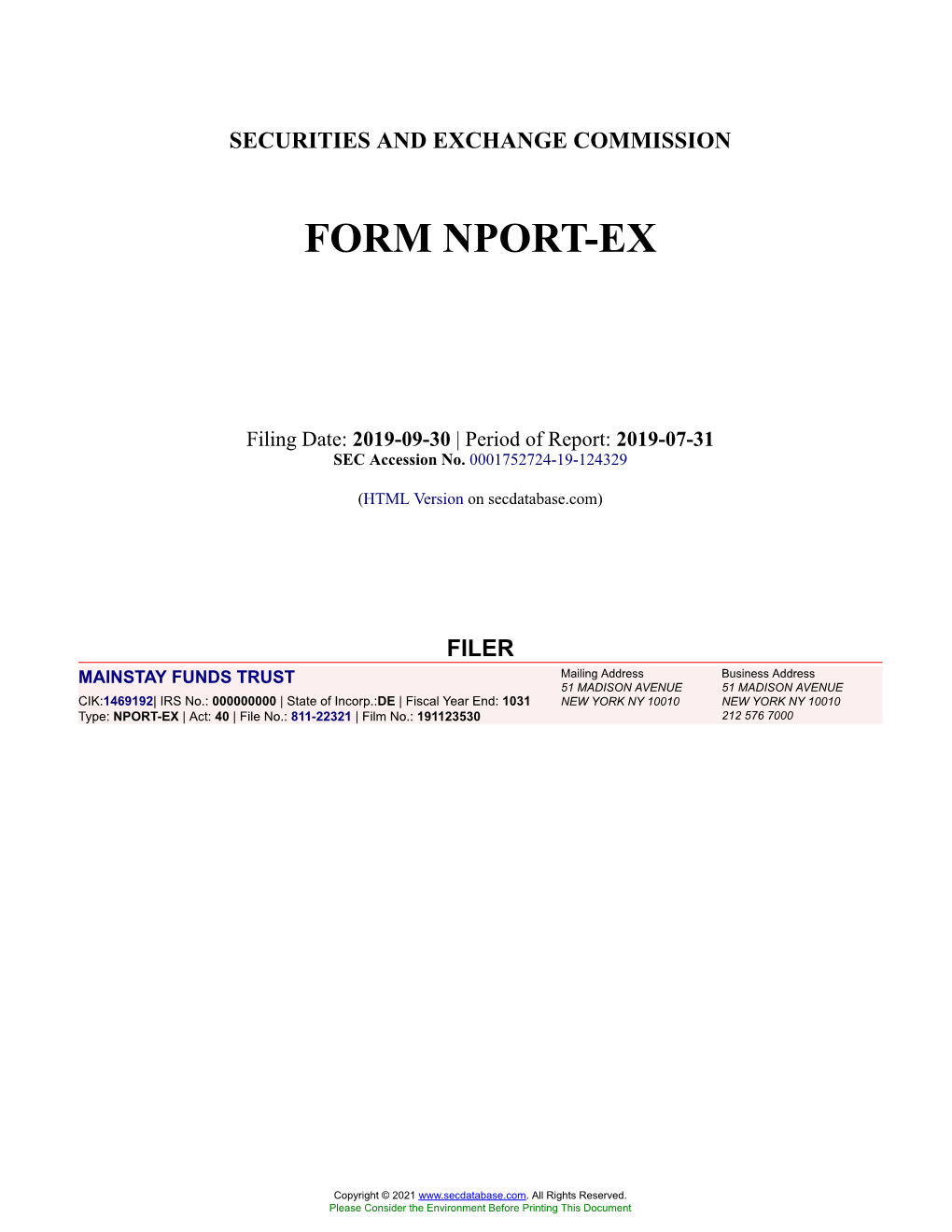 MAINSTAY FUNDS TRUST Form NPORT-EX Filed 2019-09-30