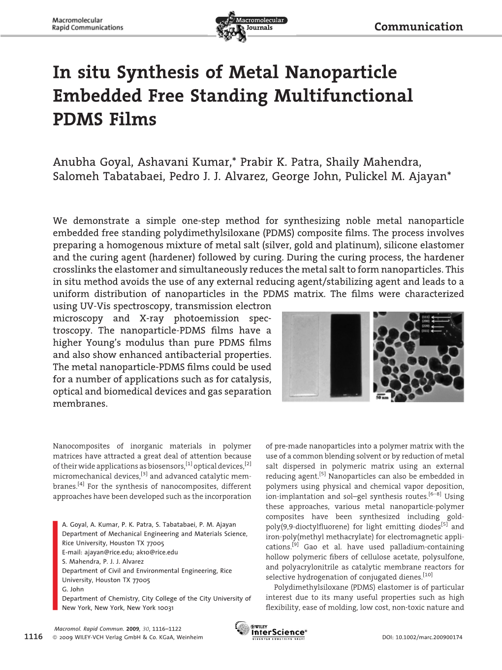 In Situ Synthesis of Metal Nanoparticle Embedded Free Standing Multifunctional PDMS Films