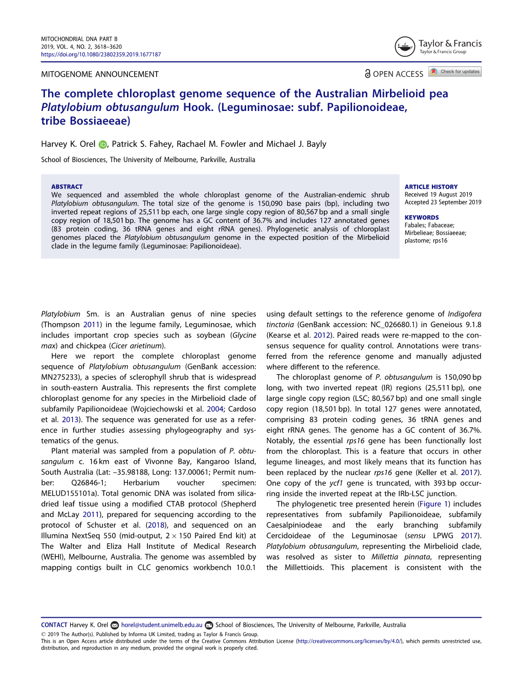 The Complete Chloroplast Genome Sequence of the Australian Mirbelioid Pea Platylobium Obtusangulum Hook