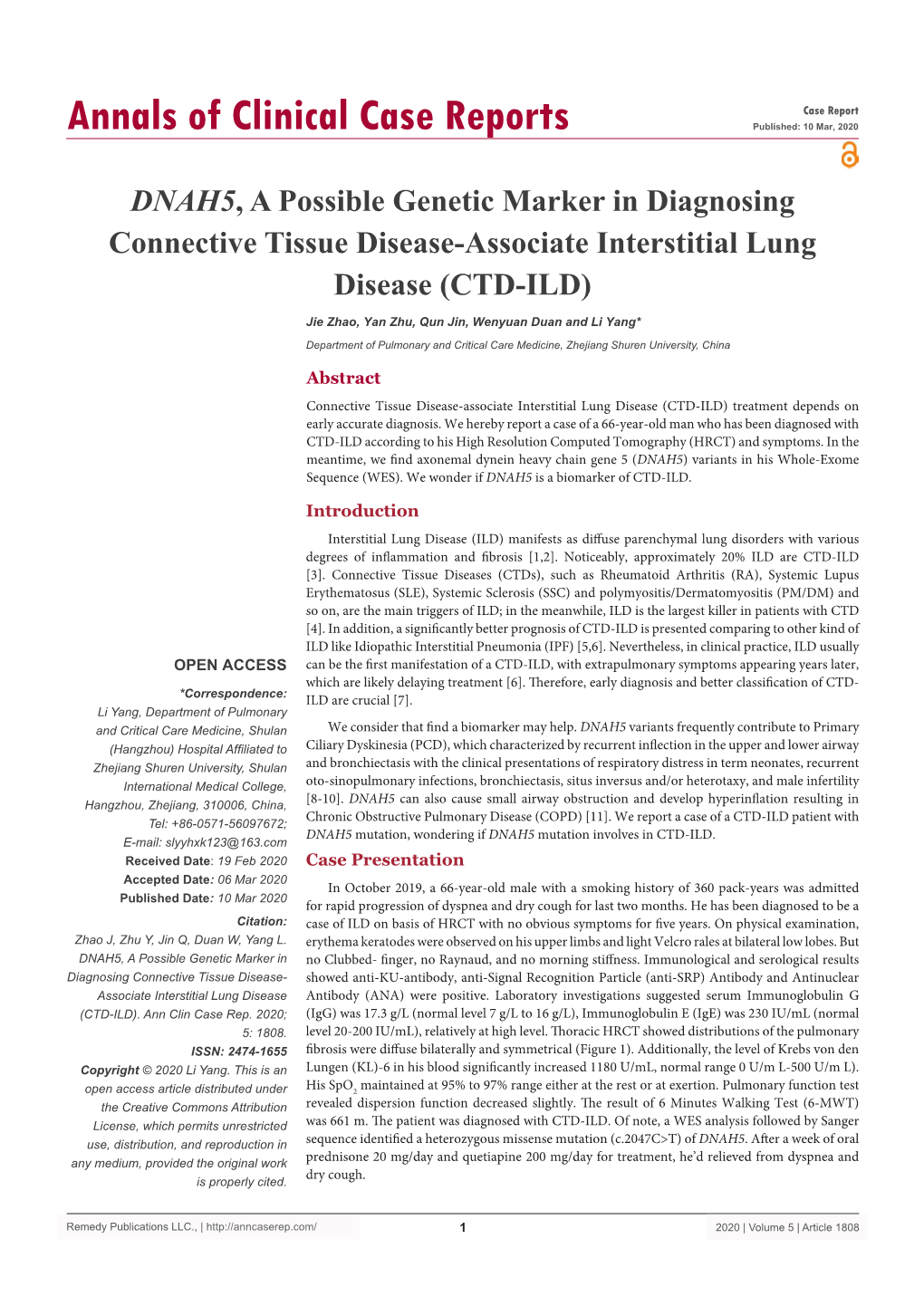 DNAH5, a Possible Genetic Marker in Diagnosing Connective Tissue Disease-Associate Interstitial Lung Disease (CTD-ILD)