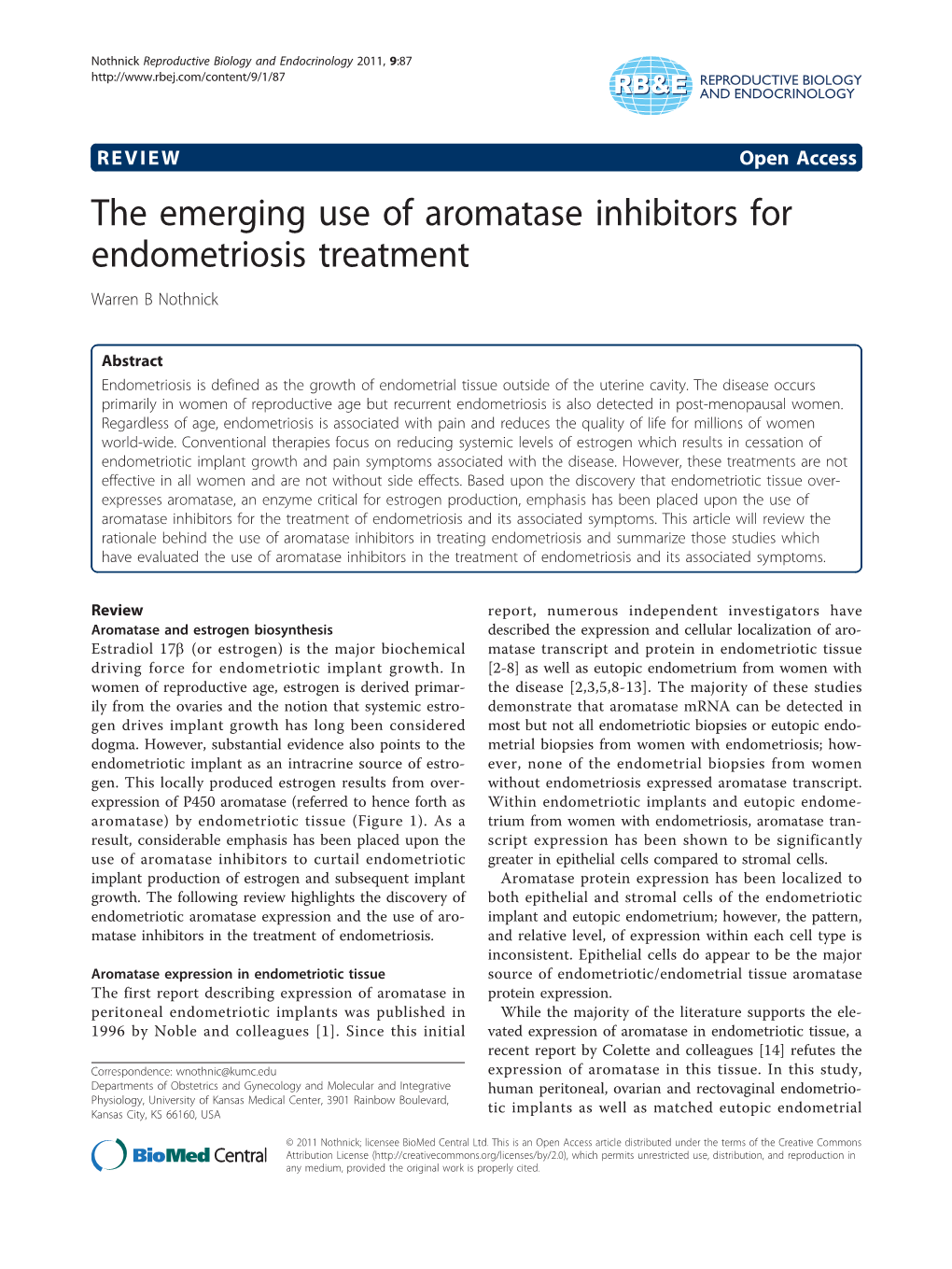 The Emerging Use of Aromatase Inhibitors for Endometriosis Treatment Warren B Nothnick