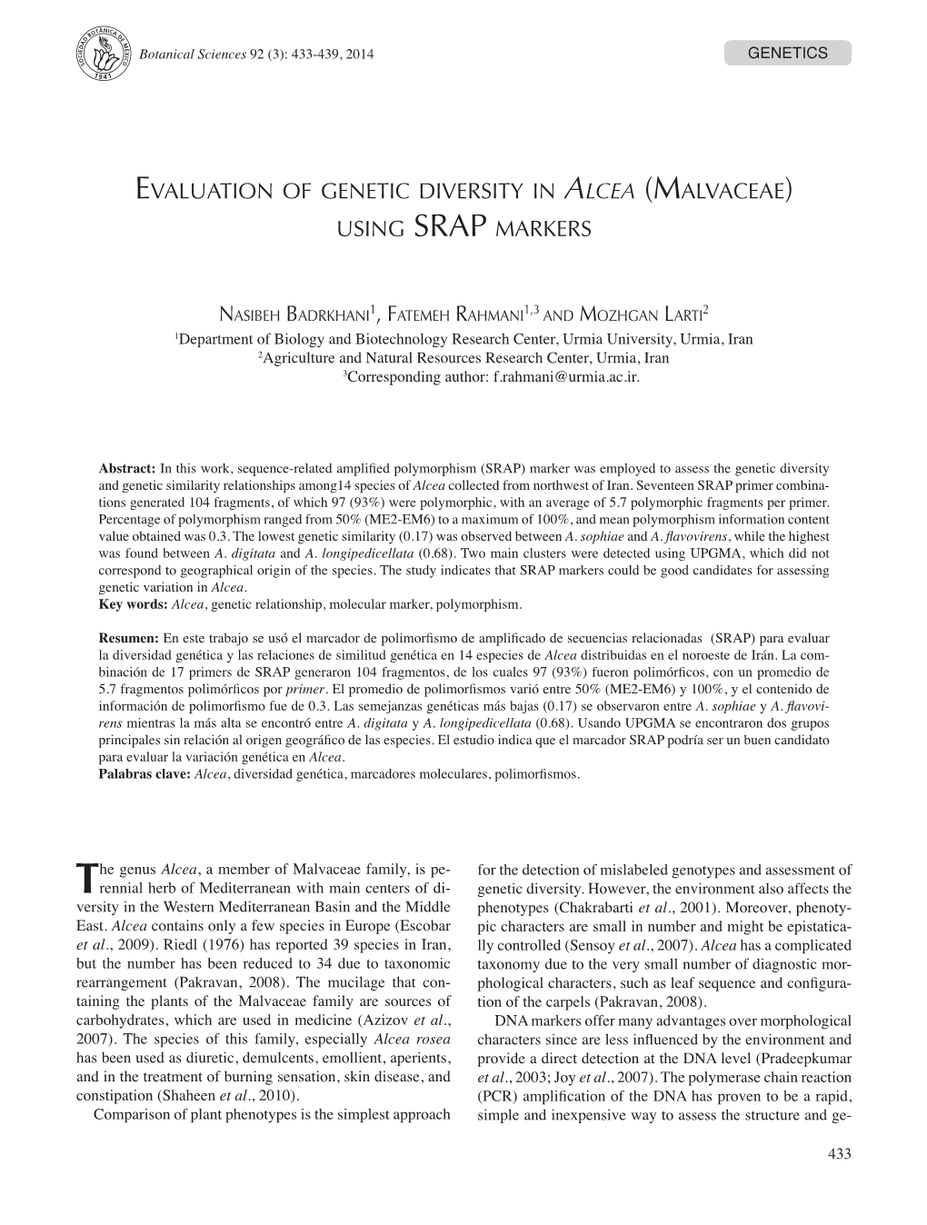 Evaluation of Genetic Diversity in Alcea (Malvaceae) Using Srap Markers
