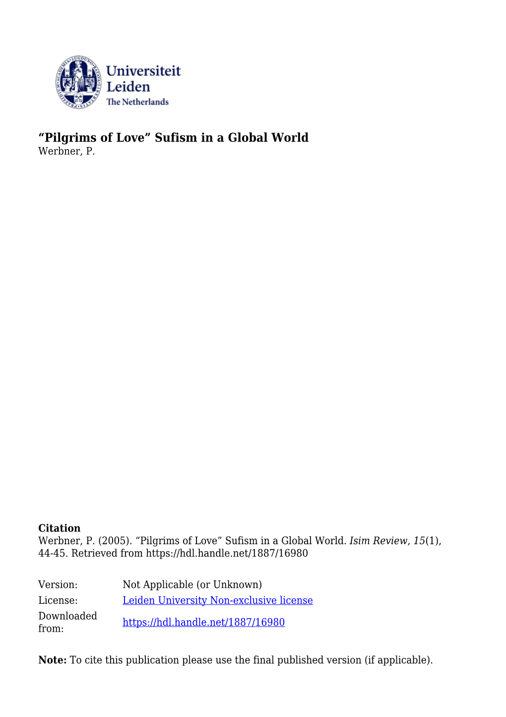 “Pilgrims of Love” Sufism in a Global World Werbner, P