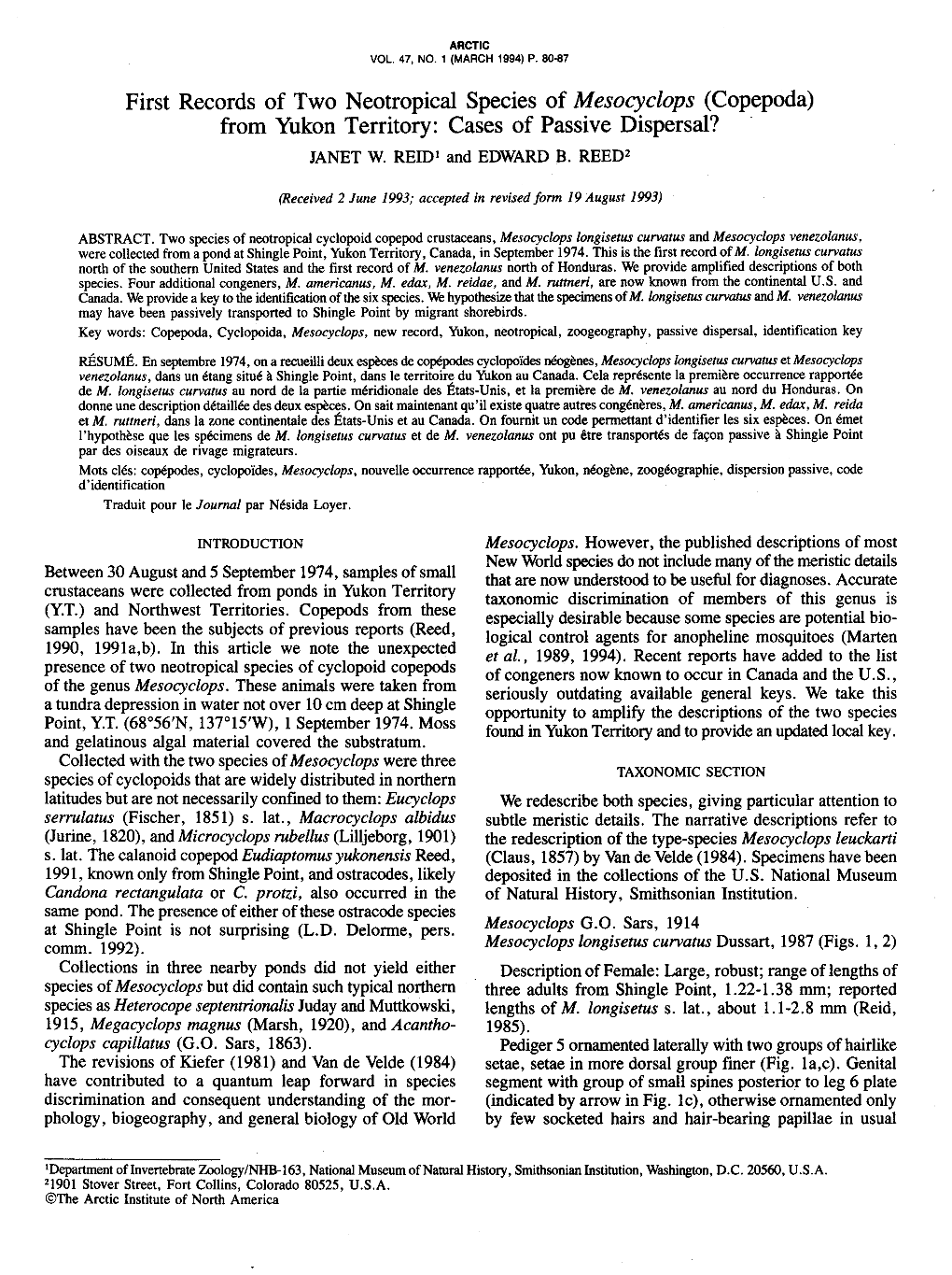 Copepoda) from Yukon Territory: Cases of Passive Dispersal? JANET W