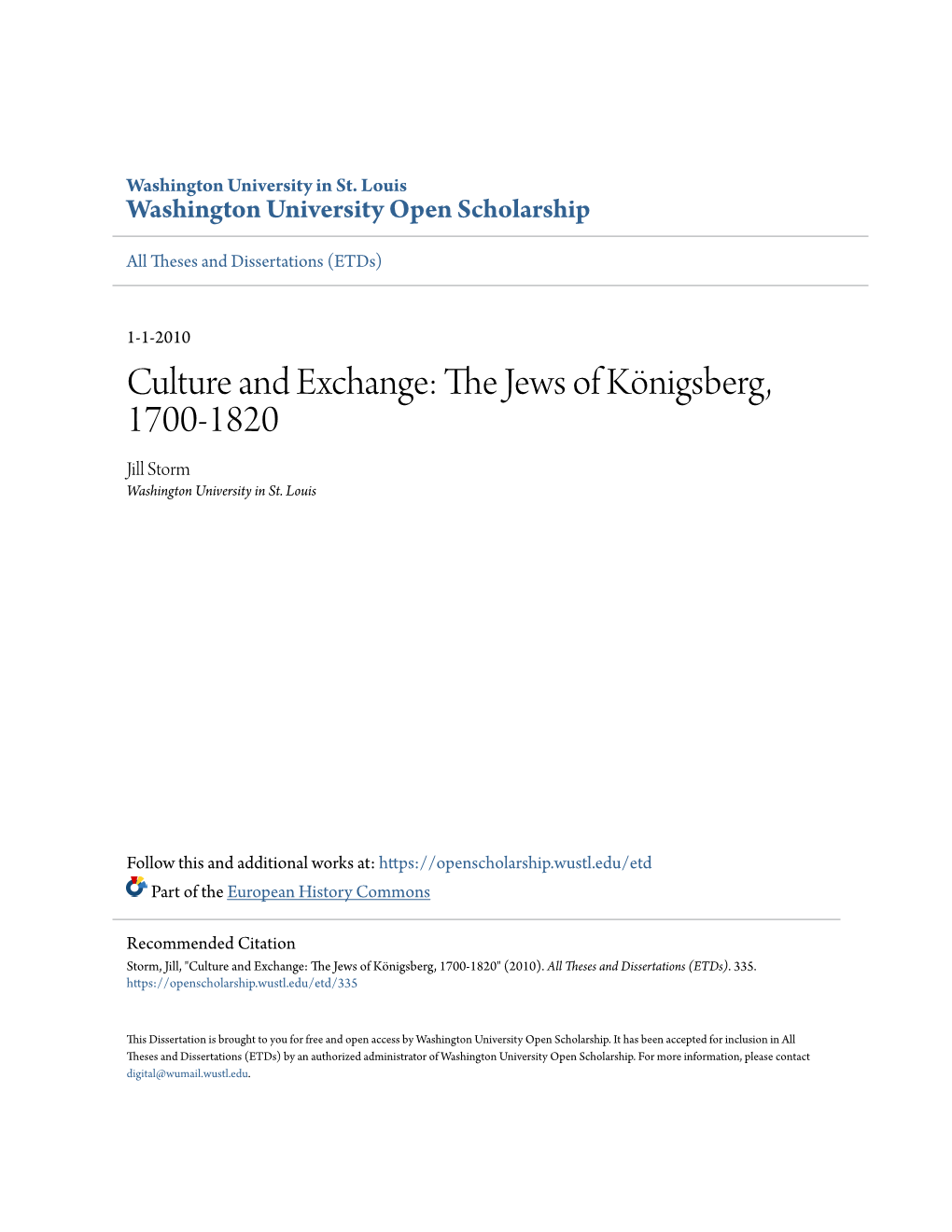 Culture and Exchange: the Jews of Königsberg, 1700-1820