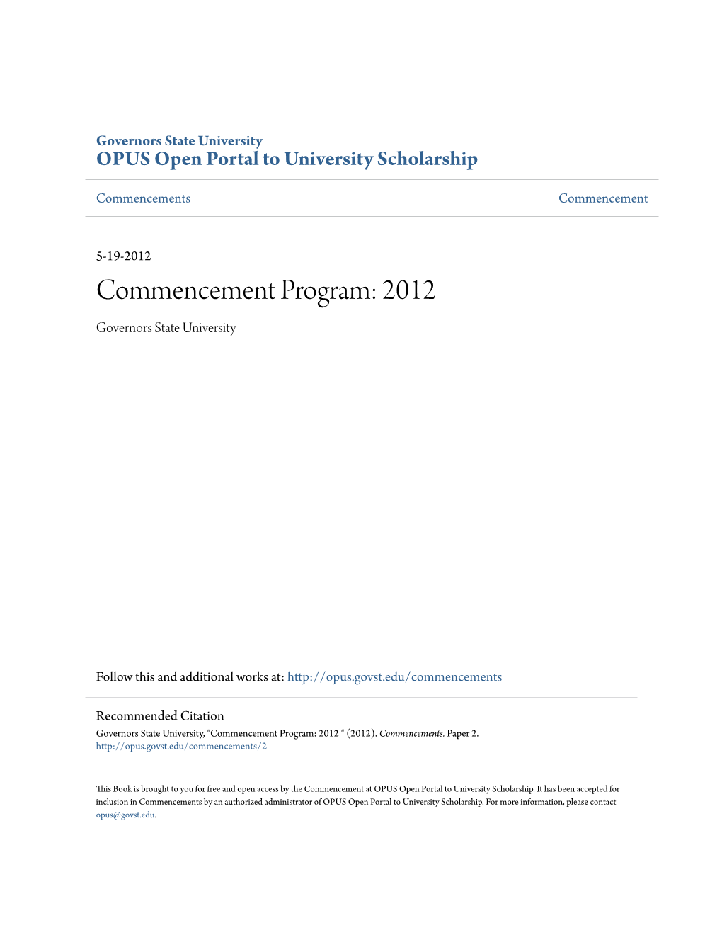 Commencement Program: 2012 Governors State University