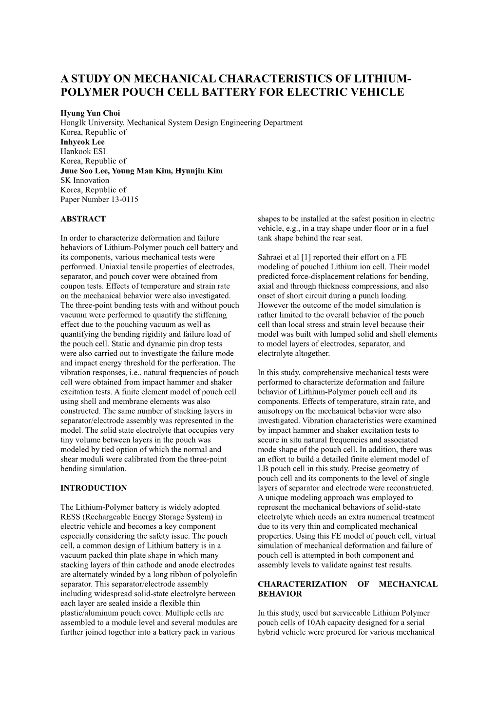 A Study on Mechanical Characteristics of Lithium- Polymer Pouch Cell Battery for Electric Vehicle