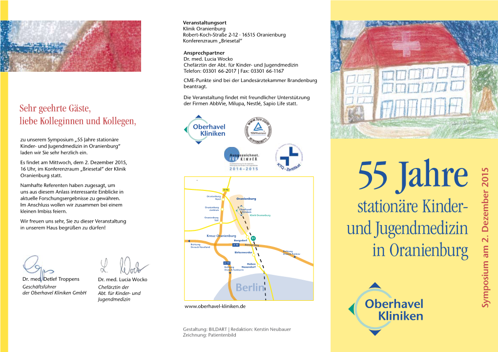55 Jahre Stationäre Kinder- Und Jugendmedizin in Oranienburg“ Laden Wir Sie Sehr Herzlich Ein