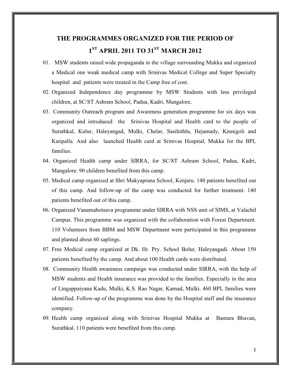 The Programmes Organized for the Period of 1 April