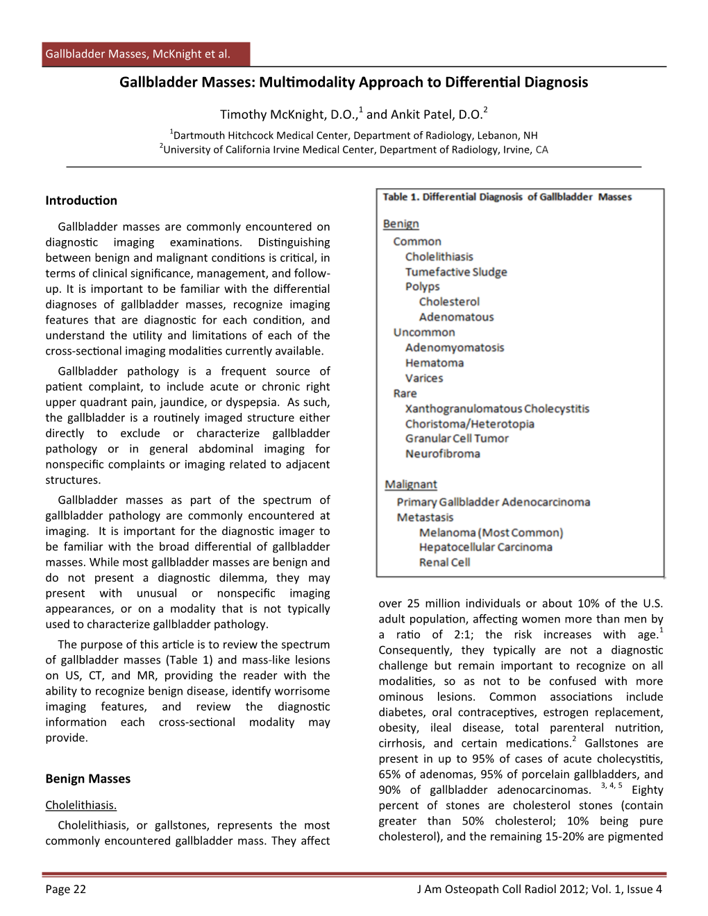 Gallbladder Masses: Multimodality Approach to Differential Diagnosis