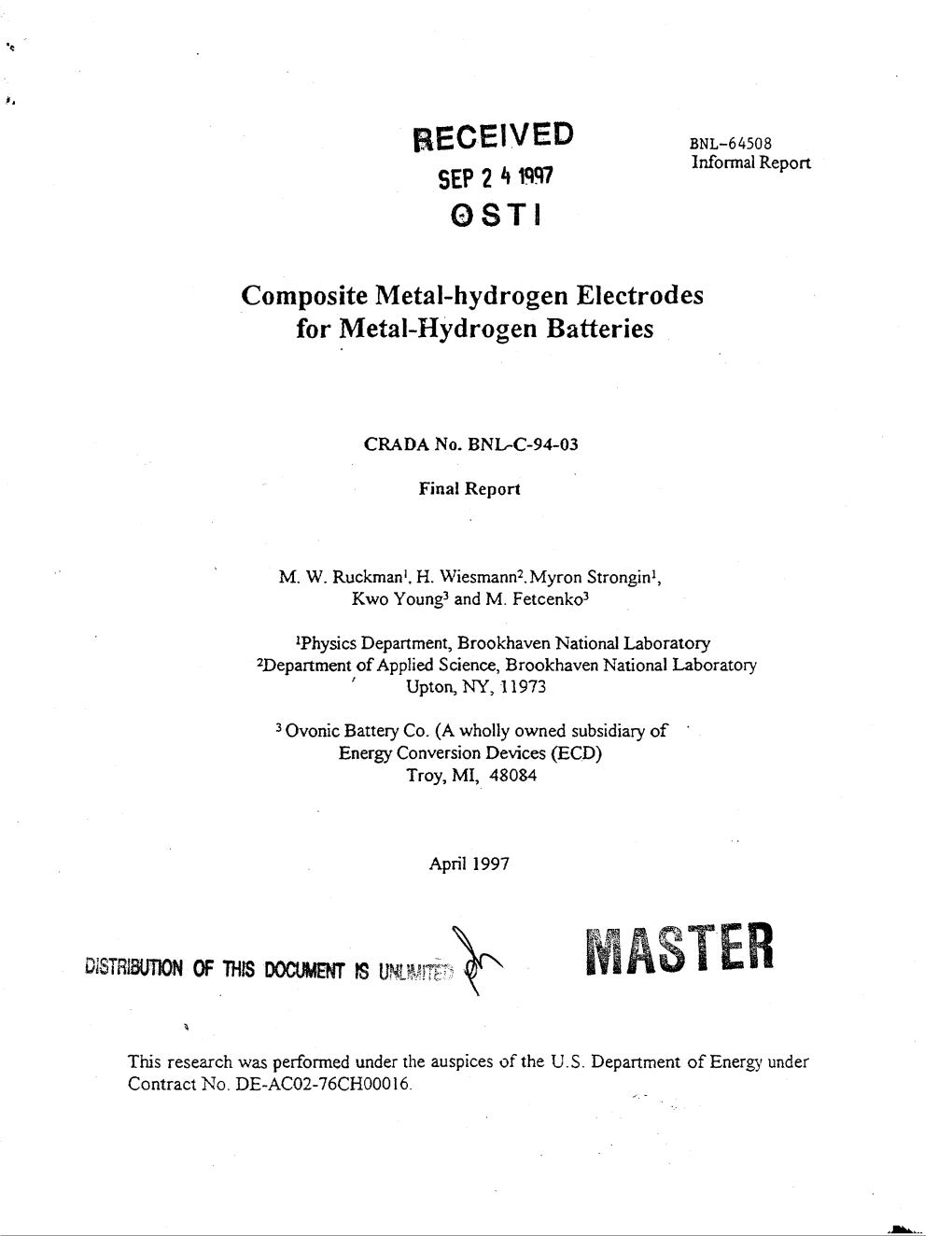 RECEIVED BNL-64508 Composite Metal-Hydrogen Electrodes For