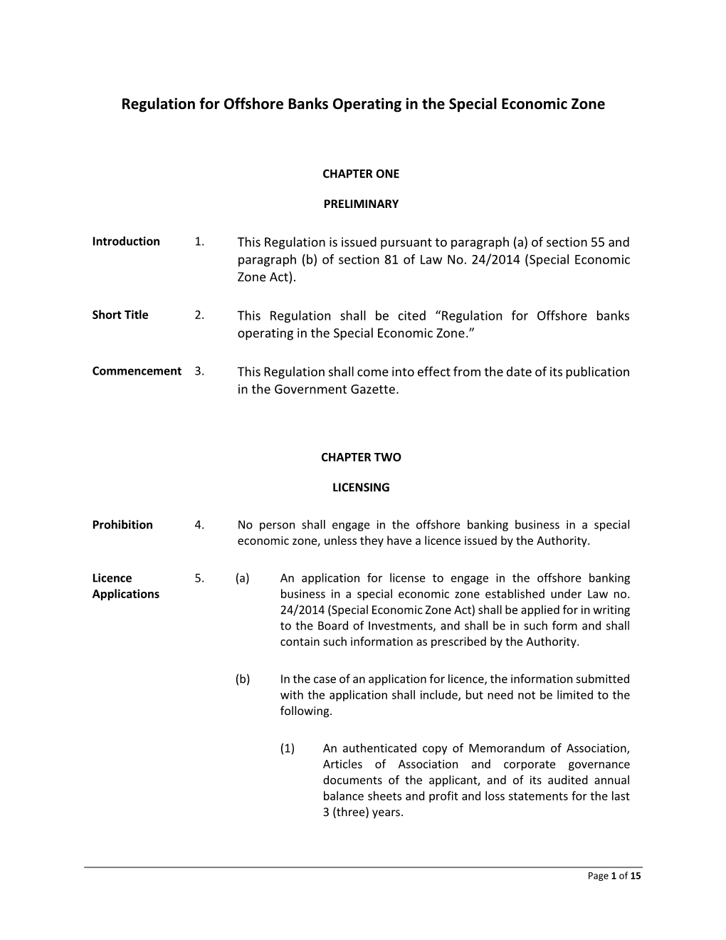 Regulation for Offshore Banks Operating in the Special Economic Zone