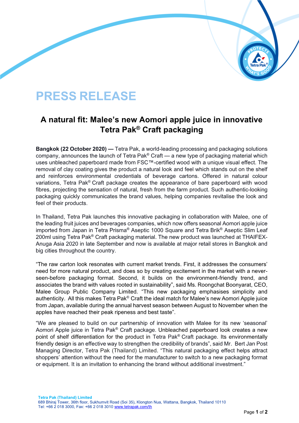 Tetra Pak Craft with Malee Press Release OCT2020(EN)