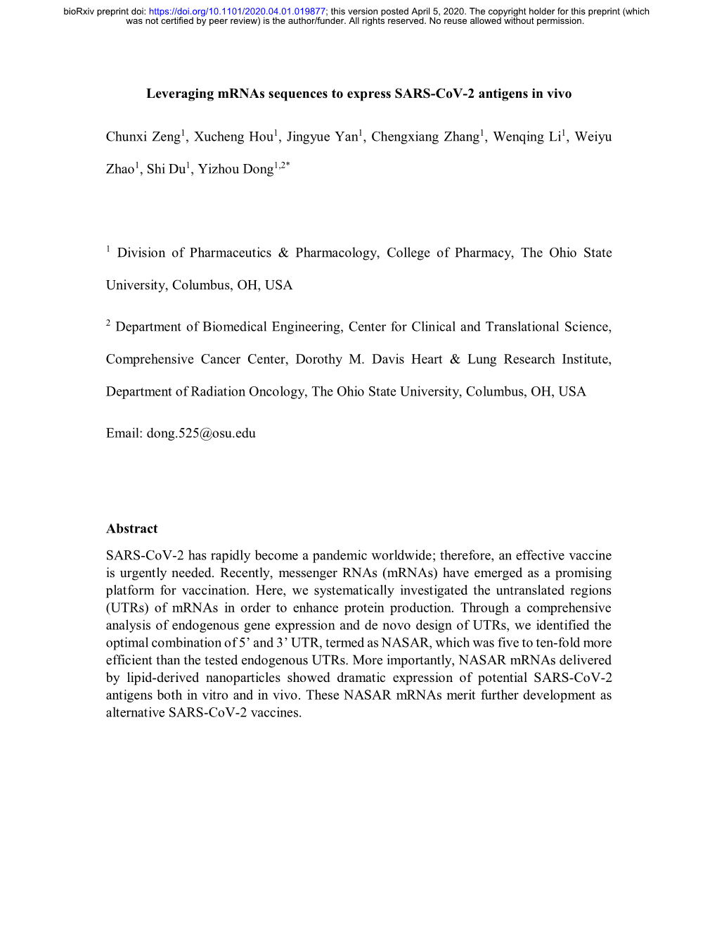 Leveraging Mrnas Sequences to Express SARS-Cov-2 Antigens in Vivo