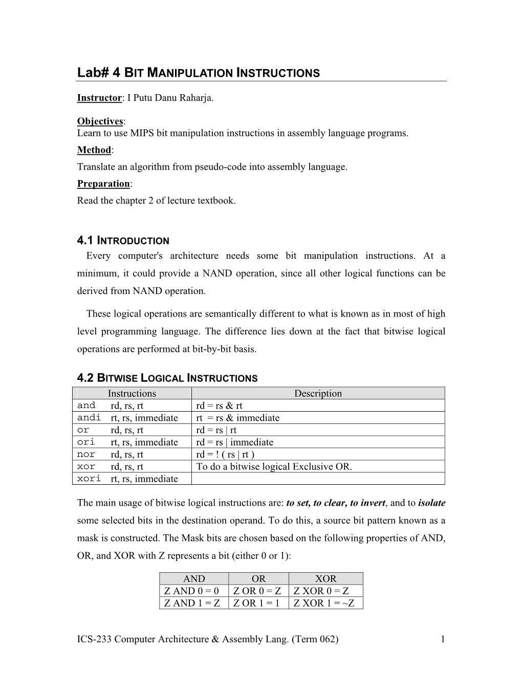 Lab# 4 BIT MANIPULATION INSTRUCTIONS